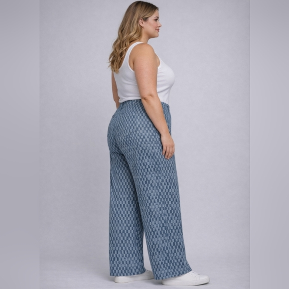 Future Collective Women’s Pants Size 20 Blue Checkered 100% Cotton Wide Leg High - Picture 2 of 9